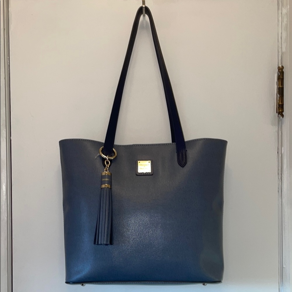 Dooney & Bourke Saffiano Leather Tote Slate Blue Gray Gold Hardware Fall Classic